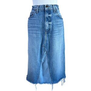 Khaite Magdalena Denim Skirt Size 30 Jean Cotton Raw Hem Boho Midi Mid Wash Blue